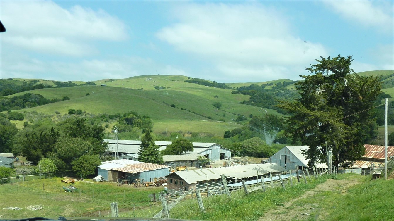 Dairy farm in the foreground and rolling greass covered hills in the background