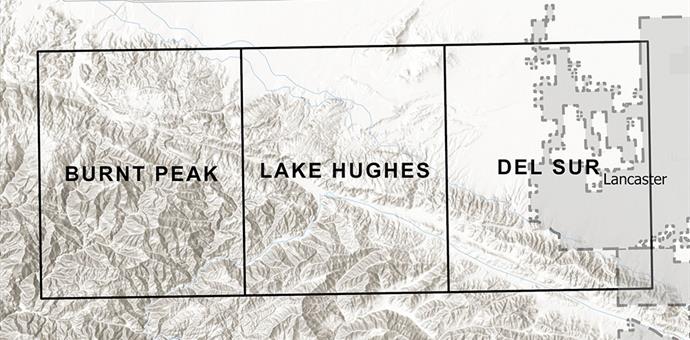 The Earthquake Fault Zone maps in this release cover the following quadrangles in Los Angeles County: Burnt Peak, Lake Hughes, and Del Sur.