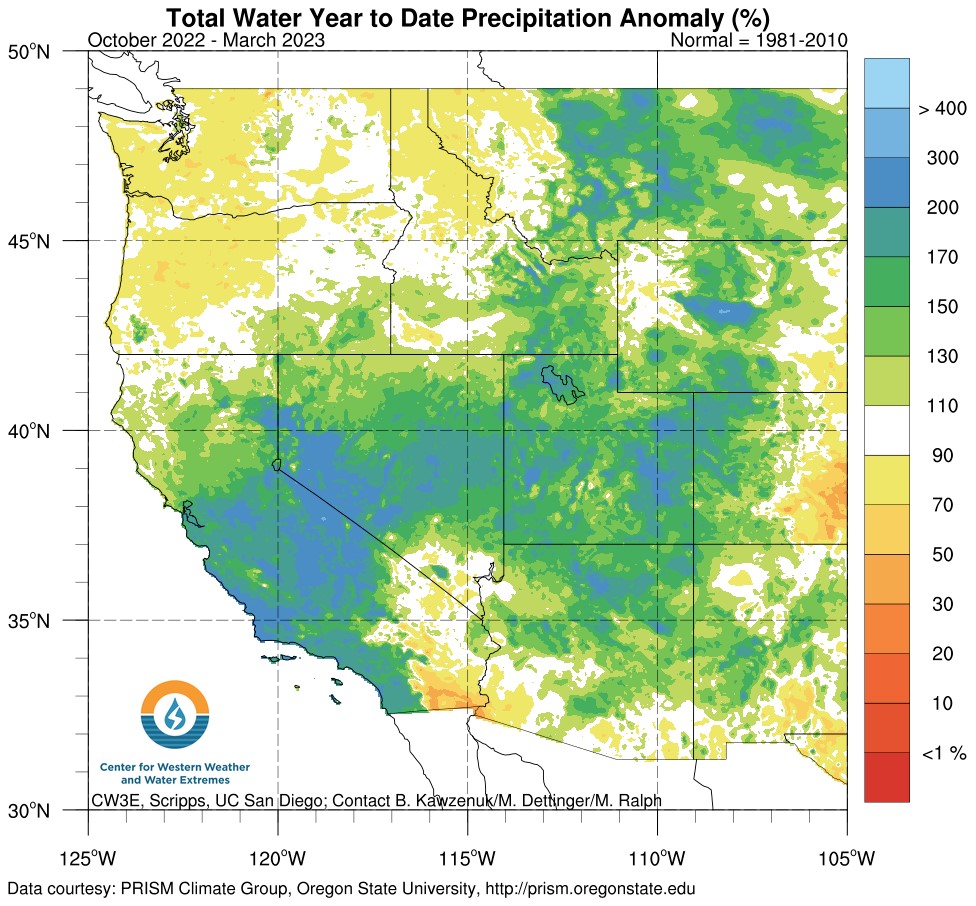 Western states map showing distribution of 2023 precipitation anomoly through March. Caption provides more information.