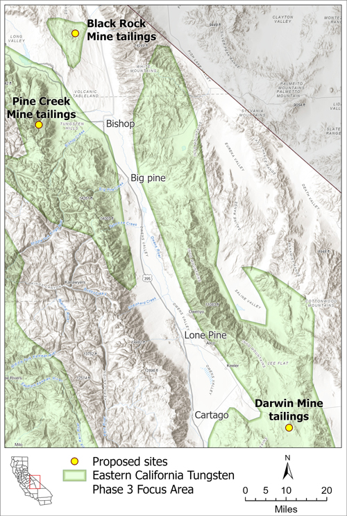 Map showing three mine locations.