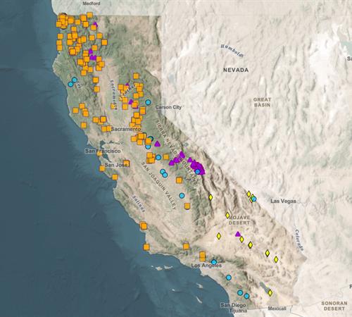 Map of California showing point locations of critical minerals.