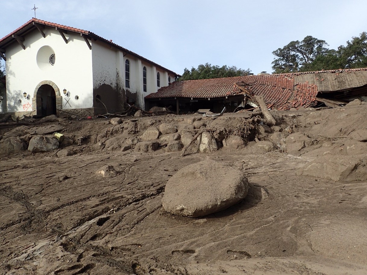 A church damaged by debris flow